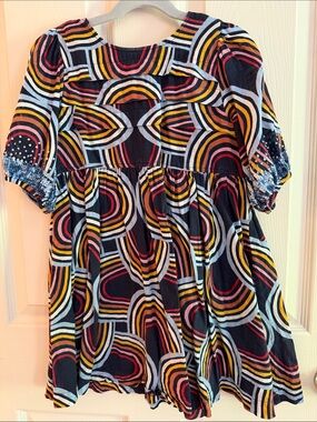 Pink Chicken Navy Rainbow Multicolor Retro Arc Puff-Sleeve Dress
